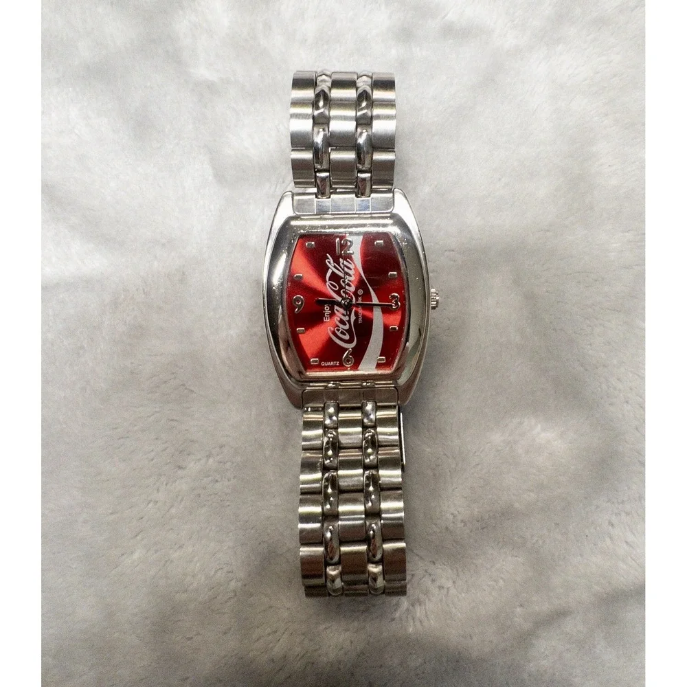Coca-Cola Womens Watch 32mm Red Logo Dial Silver Tone Bracelet New Battery 7.25
